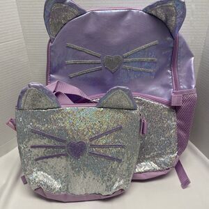 Girls 16" Laptop Backpack Booking with Lunch Bag 2-Piece Set, Purple Kitty New